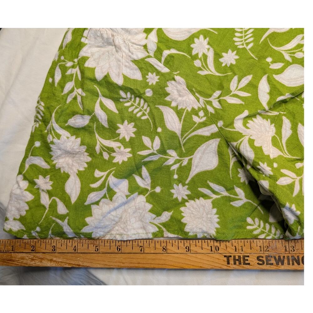 Linen Blend Floral Print Blouse Top Shirt 1X Lime Green White Cottage Feminine - Picture 7 of 9